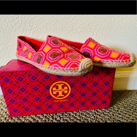 Tory Burch Cecily Embellished Espadrille shoes.Size 9.5.Vivid orange & pinks. - Picture 1 of 7